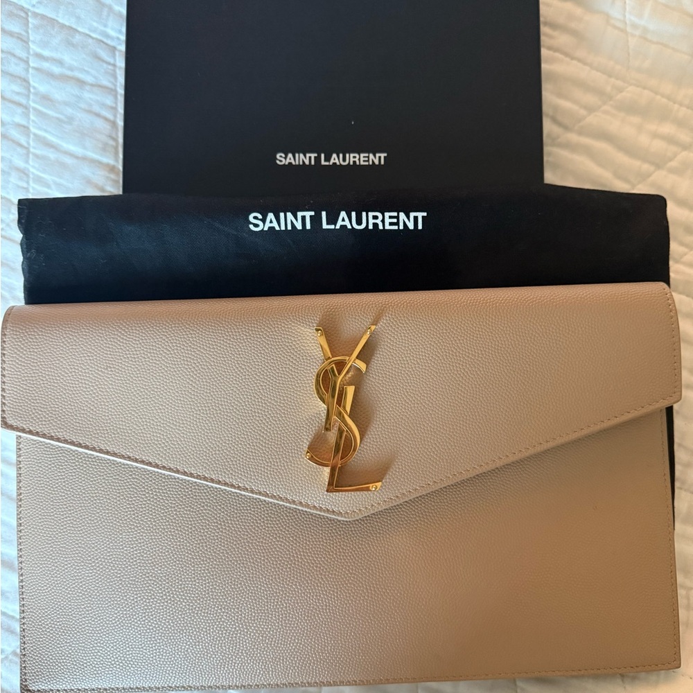 YSL Beige Clutch with Gold Logo